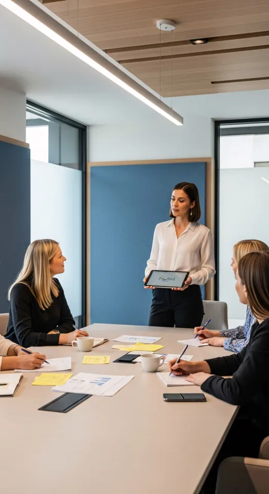 Representação de plataforma com equipe reunida